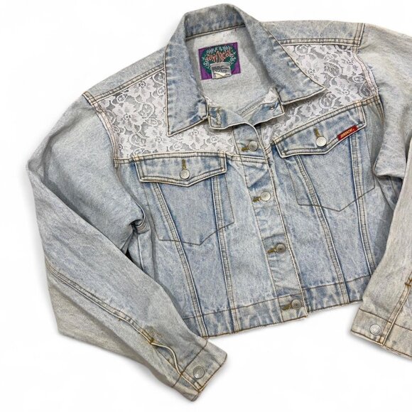 Vintage Jordache Women’s Large Cropped Denim Jacket Acid Wash Y2K Lace - Picture 2 of 6